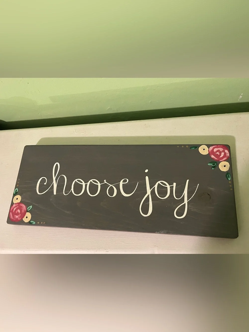 Hand Painted “Choose Joy” Gray Wall Sign with Pink Floral Accents